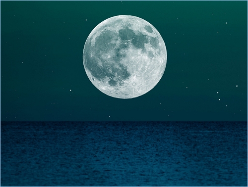 Full Moon and Stars over the Ocean.